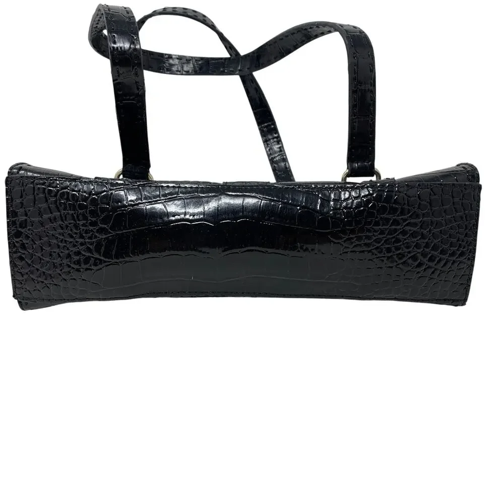Liz Claiborne Black Faux Croc Embossed Shoulder Bag Buckle Flap Satchel Purse